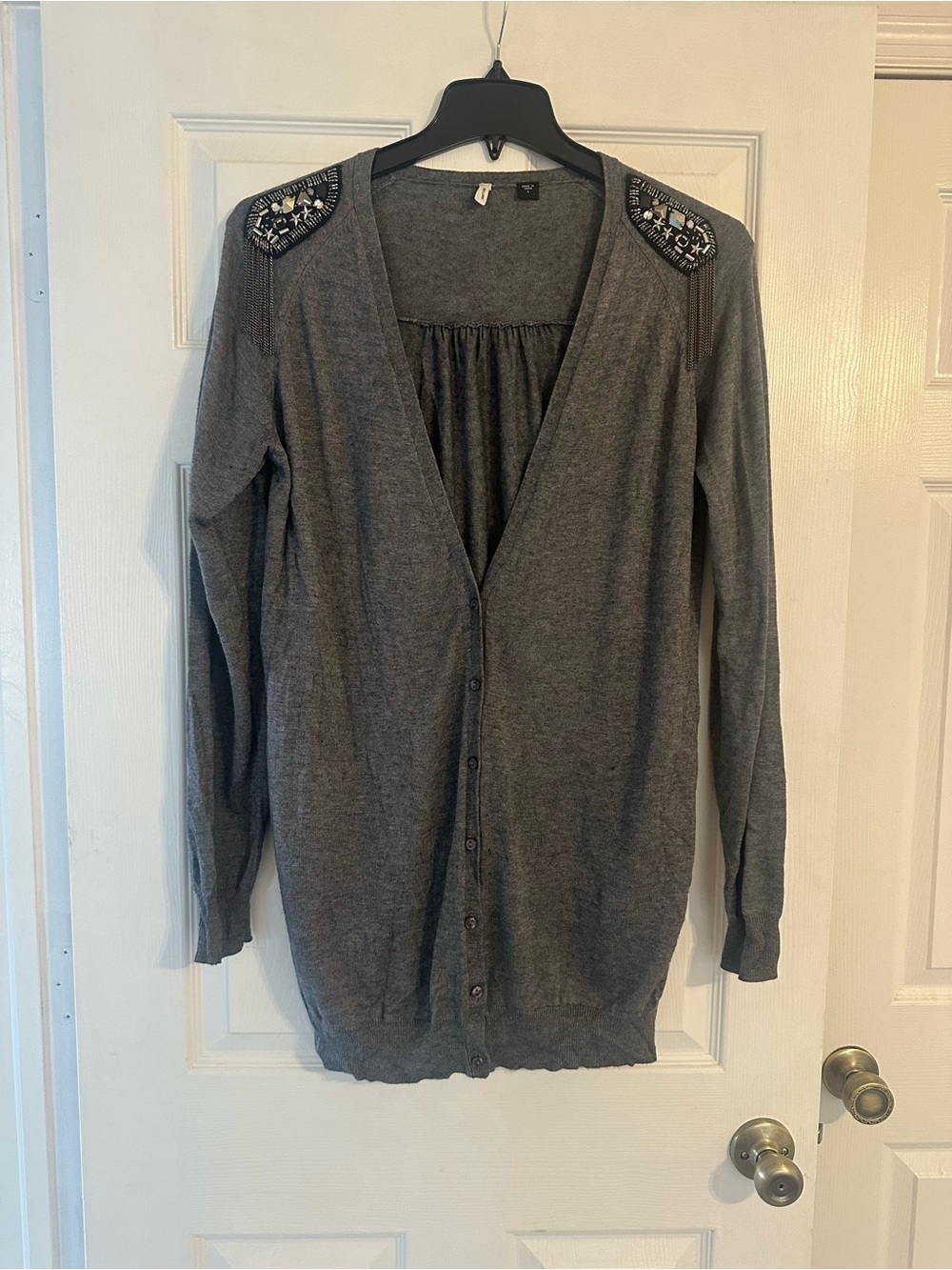 smitten Gray Embellished-Shoulder Button Cardigan